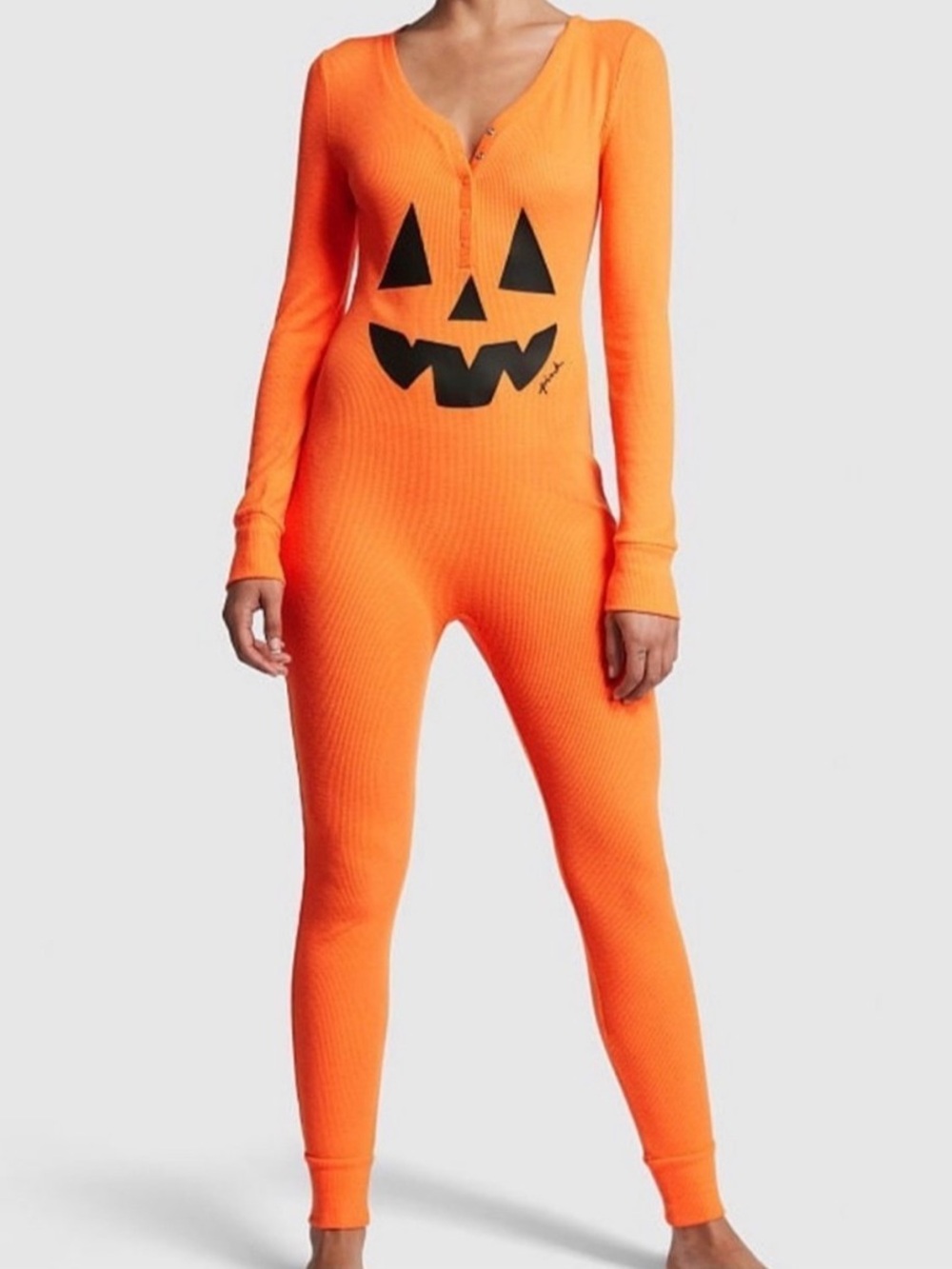 Victoria Secret Pink Orange Jack-O'-Lantern Thermal Onesie